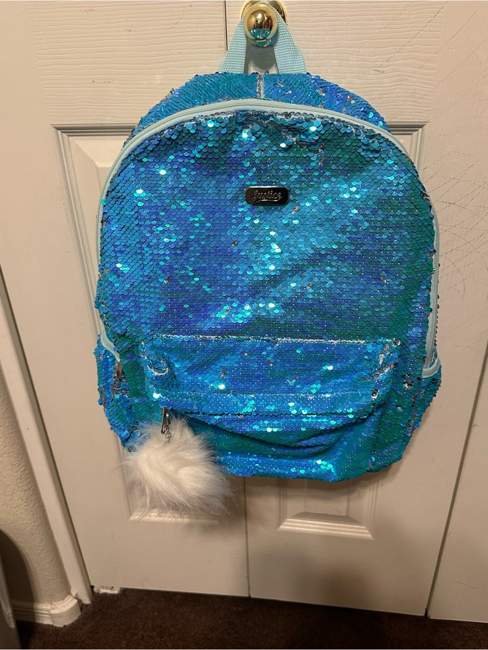 Justice Blue Sequin Kids Backpack with Faux Fur Charm